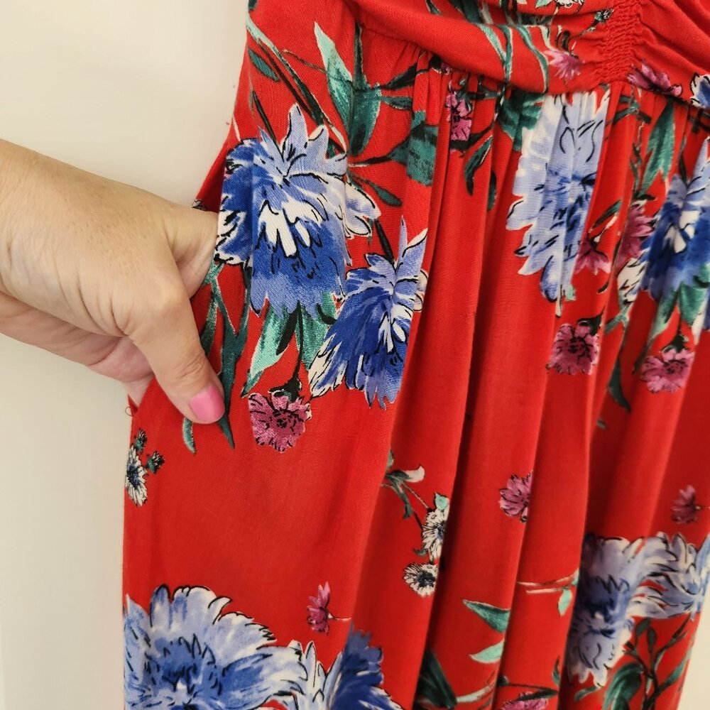 Band Of Gypsies BOG Collective Red Floral Strapless Jumpsuit Summer Boho Flowy - Picture 6 of 13
